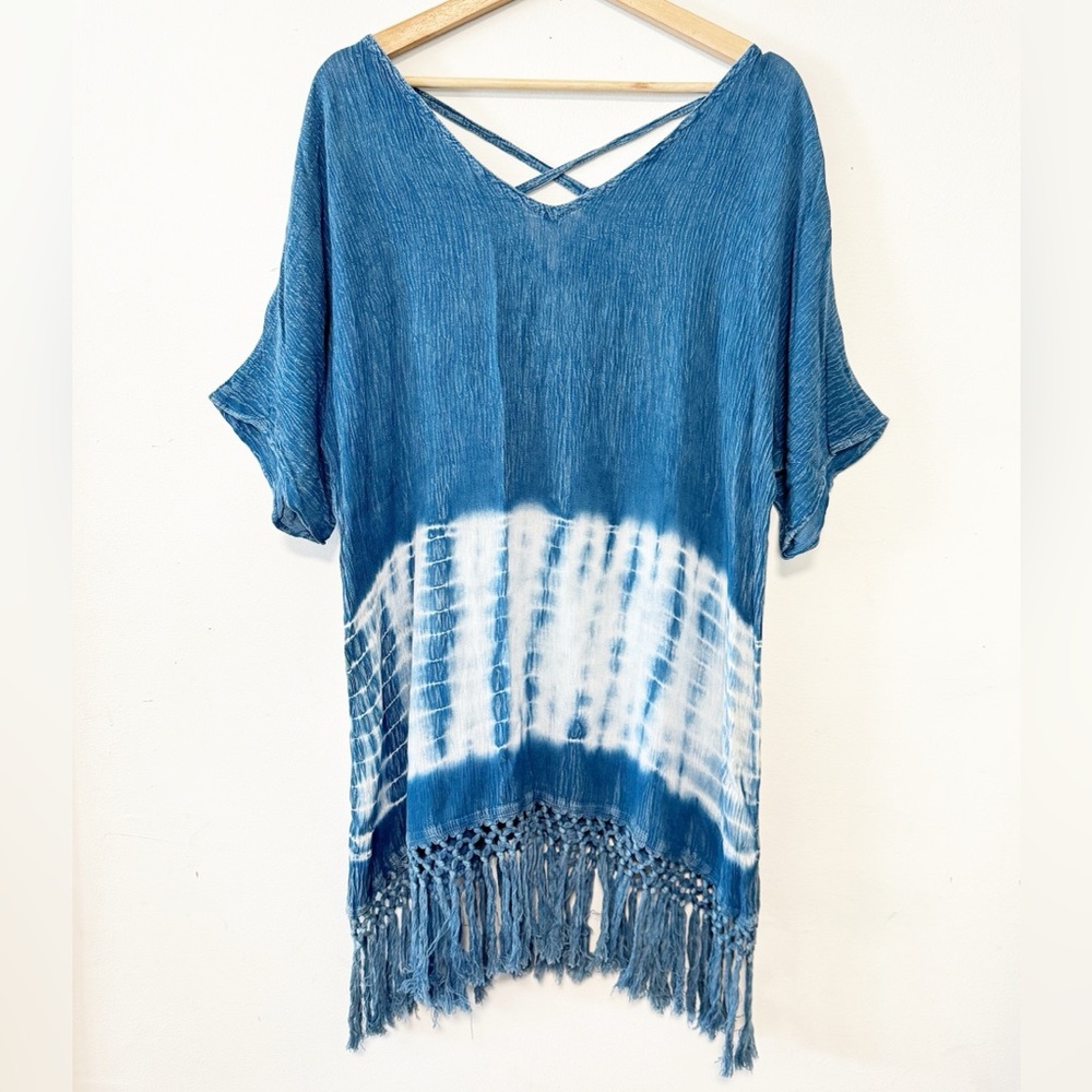 Raya Sun Swim Coverup Blue Tie‎ Dye Beach Dress Crochet Tassel Fringe Boho Dress